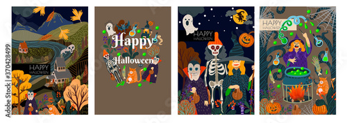Set of Halloween banner or card with scary elements. Vector cartoon flat illustration.