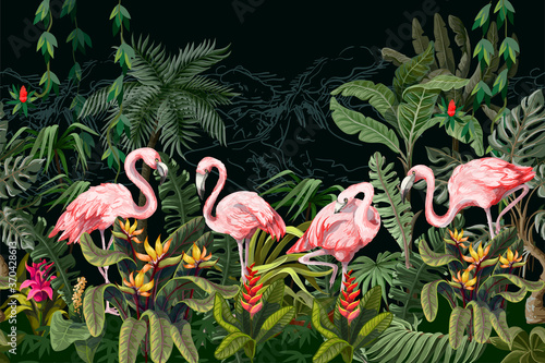 Border with pink flamingo in the jungle. Vector.
