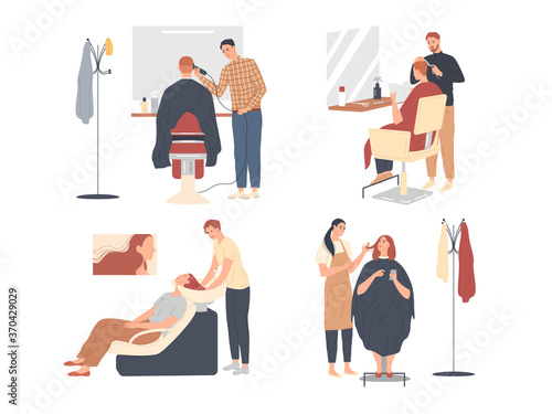 Customer service in the hairdressing salon. Men barbers and women stylists at work, they do haircuts.