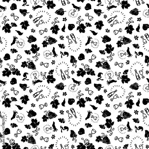 Vector lifestyle wine estate seamless pattern. Hand drawn linocut, doodle style signet. Food, packaging, surface design . Modern brush design on white background. Perfect for wine lovers.