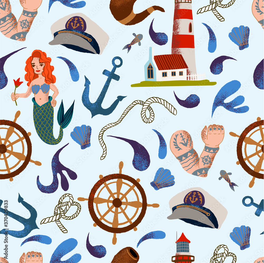 Naklejka premium Samless pattern with sea elements such as mermaid, wave, anchor, lighthouse and other. Vector.