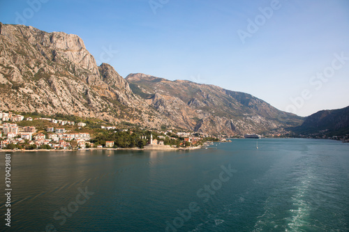 View of the picturesque mountains and towns around the bay of Kotor, Montenegro