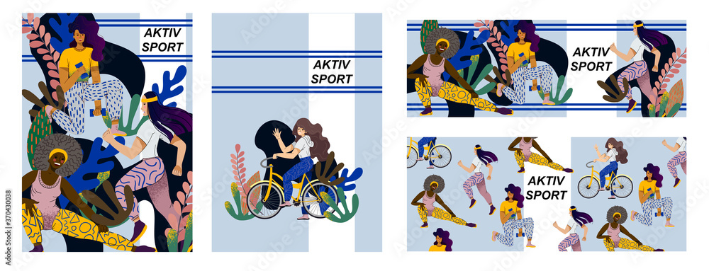 Active sports and fitness. Cycling, dumbbell exercises and jogging. Neutral color scheme and flat simple design. Active sports and fitness. Cycling, dumbbell exercises and jogging. Neutral color scheme and flat simple design.