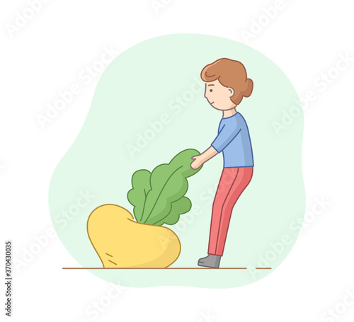 Woman Pulling A Huge Yellow Turnip From The Ground. Vector Illustration In Cartoon Style. Outline Objects On White Background. Seasonal Harvesting, Farming And Agriculture Concept Linear Clip Art