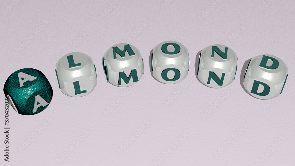 combination of ALMOND built by cubic letters from the top perspective, excellent for the concept presentation. background and food combination of ALMOND built by cubic letters from the top perspective, excellent for the concept presentation. background and food