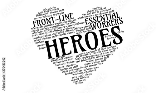 Text cloud in the shape of a heart naming essential workers and praising the front line heroes during the Coronavirus pandemic	