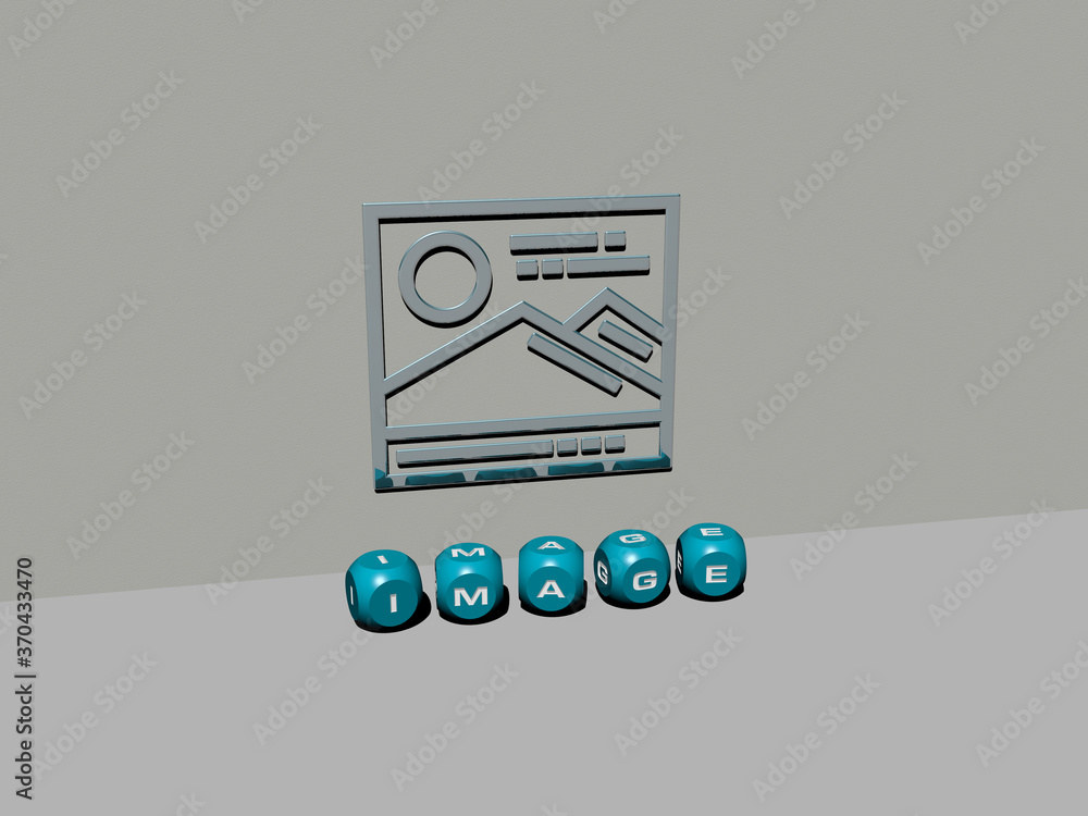 3D representation of image with icon on the wall and text arranged by metallic cubic letters on a mirror floor for concept meaning and slideshow presentation 3D representation of image with icon on the wall and text arranged by metallic cubic letters on a mirror floor for concept meaning and slideshow presentation