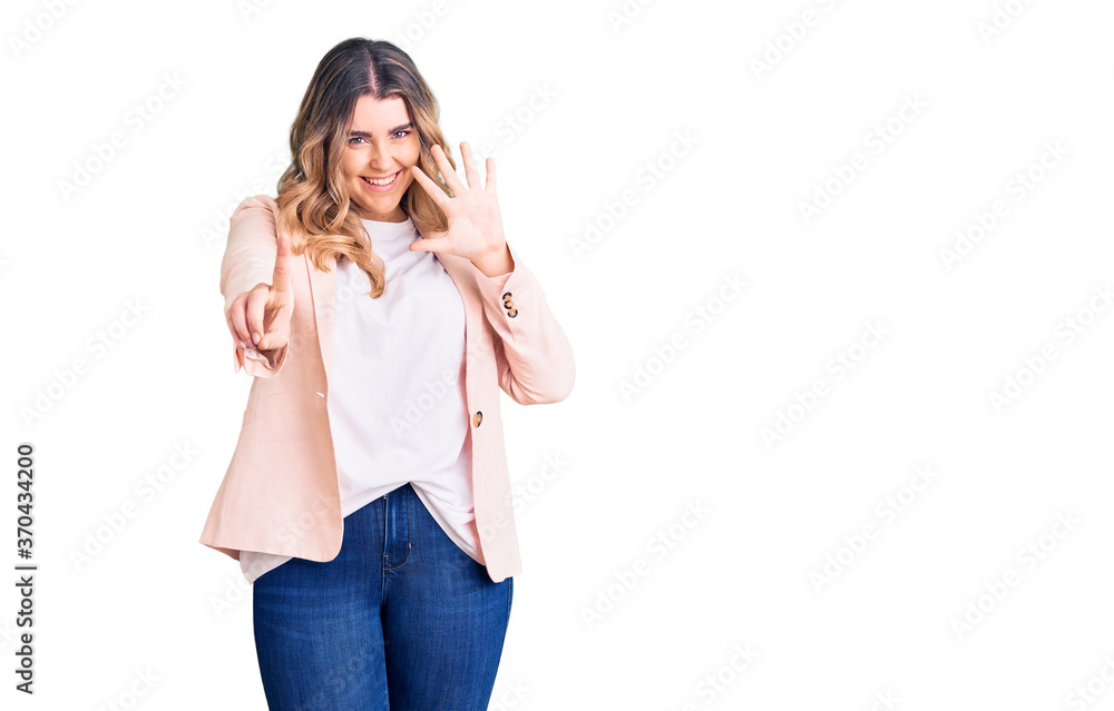 Young caucasian woman wearing business clothes showing and pointing up with fingers number six while smiling confident and happy. Young caucasian woman wearing business clothes showing and pointing up with fingers number six while smiling confident and happy.