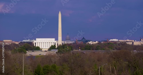 Washington DC Skyline in late afternoon in fall, winter, early  spring with Lincoln Memorial, Washington Monument, US Capitol, Library of Congress