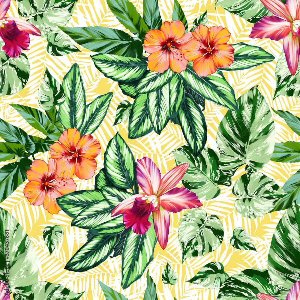 Seamless pattern with calathea leaves, hibiscus flowers, orchids, green variegated leaves. Endless decorative exotic wallpaper.