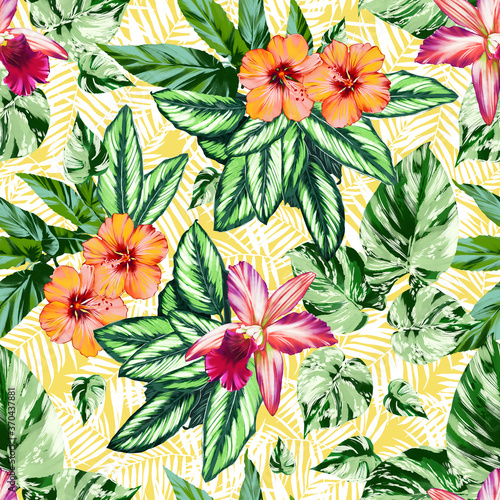 Seamless pattern with calathea leaves  hibiscus flowers  orchids  green variegated leaves. Endless decorative exotic wallpaper.
