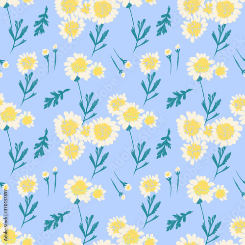 Seamless pattern with small white chrysanthemums, twigs and leaves on a blue background. Endless decorative botanical wallpaper. © Olga