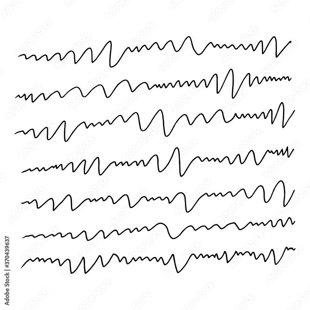 Hand-drawn sketch pen set of jagged lines cardiogram heart.