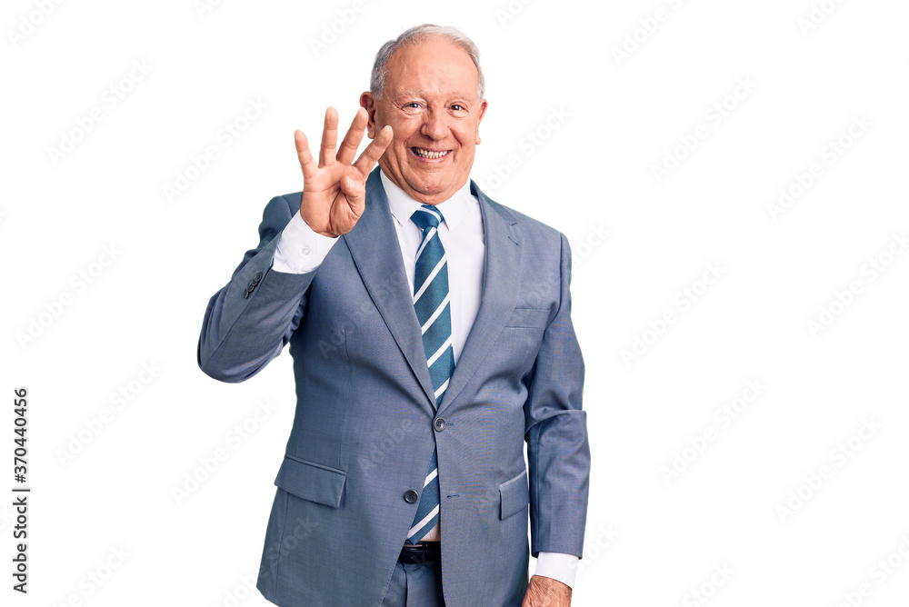 Senior handsome grey-haired man wearing elegant suit showing and pointing up with fingers number four while smiling confident and happy. Senior handsome grey-haired man wearing elegant suit showing and pointing up with fingers number four while smiling confident and happy.
