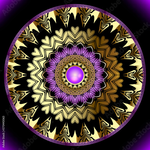 Gold jewelry round vector mandala pattern. Luxury floral background. Greek frames, lines, mazes, shapes, flowers, leaves, circles. Greek key meanders gold 3d ornaments with surface violet gemstones