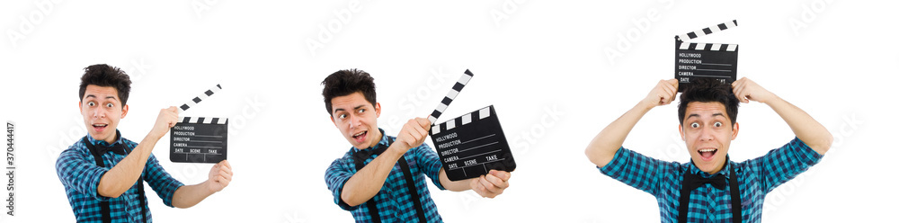 Man with movie clapperboard isolated on white Man with movie clapperboard isolated on white