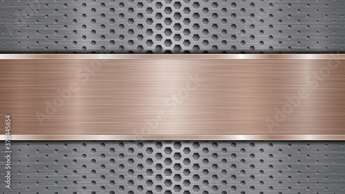 Background of silver perforated metallic surface with holes and horizontal bronze polished plate with a metal texture, glares and shiny edges