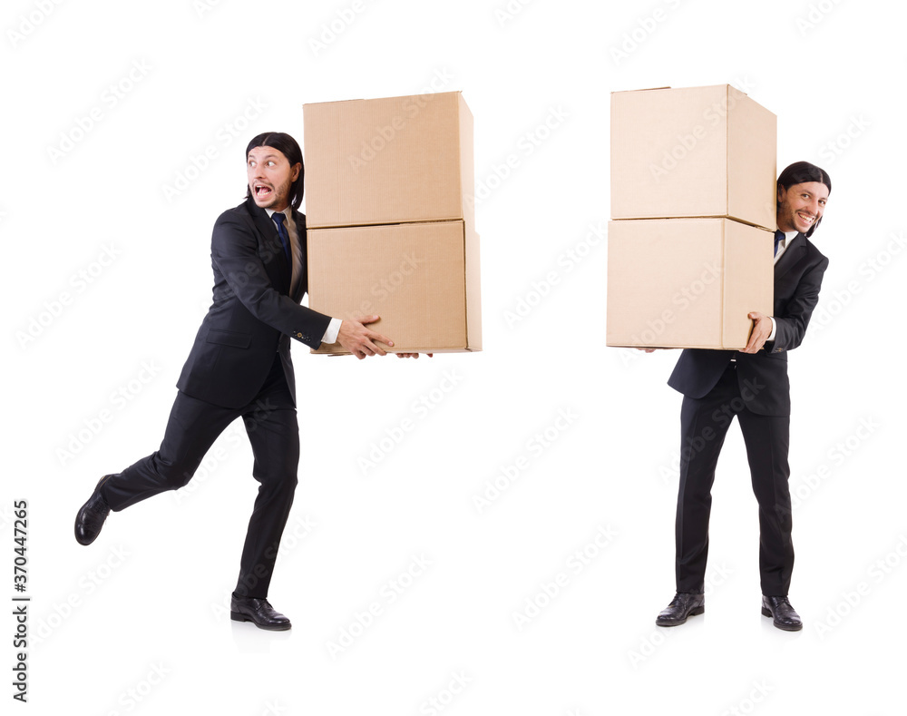 Funny man with boxes on white Funny man with boxes on white