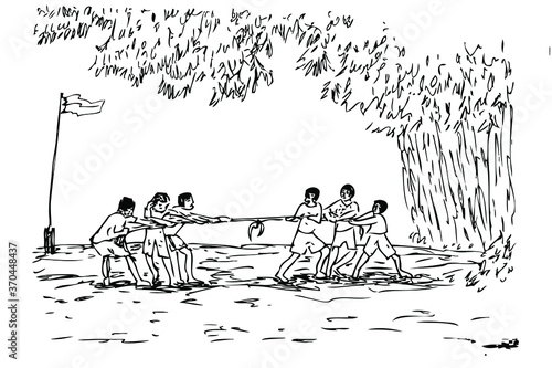 Vector Manual Hand Draw Sketch indonesia independence celebration day, tarik tambang pulling rope game
