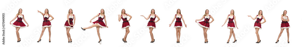 Woman wearing red dress in fashion concept isolated on white Woman wearing red dress in fashion concept isolated on white