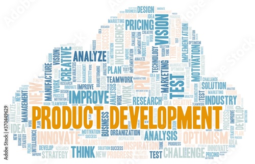 Product development word cloud isolated on a white background.