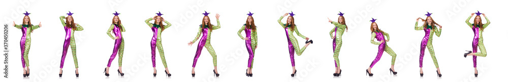 Woman wearing clown costume isolated on white Woman wearing clown costume isolated on white