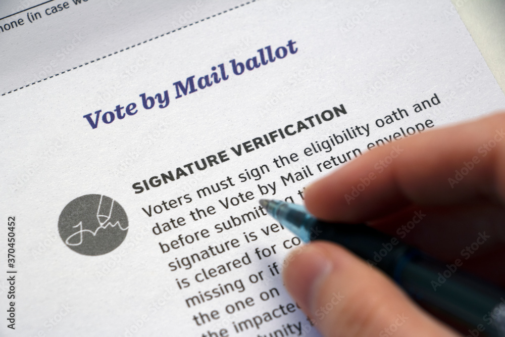 'Signature Verification' Mail Voting info and hand with pen 'Signature Verification' Mail Voting info and hand with pen