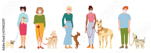 People in white medical face mask walking dogs. Pet flat cartoon set. Coronavirus Covid 19, girl or boy playing with dog, outdoor activities. Pug, dachshund or dalmatian. Isolated vector illustration