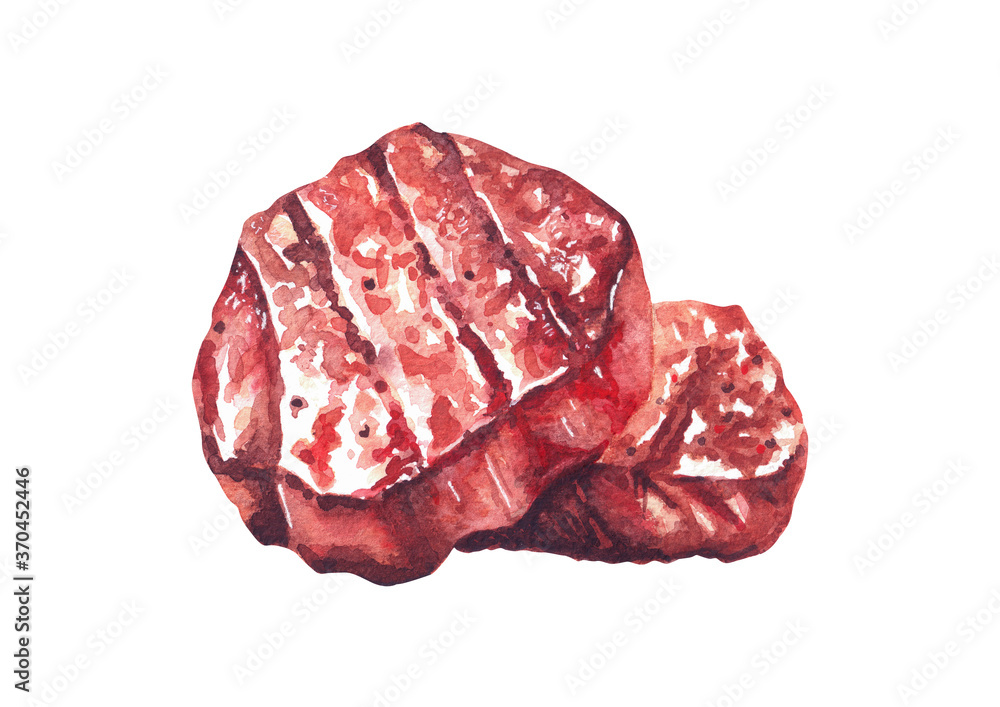 Grilled beef steaks. Watercolor hand-drawn illustration, isolated on white background Grilled beef steaks. Watercolor hand-drawn illustration, isolated on white background