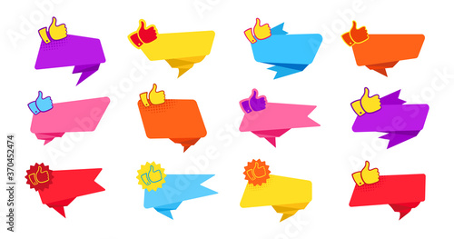 Banner for text flat design set. Recommended tags label collection, decorative sale icons thumb up. Promotion advertising blank sticker, colorful cartoon style. Colorful web icon kit. Isolated vector