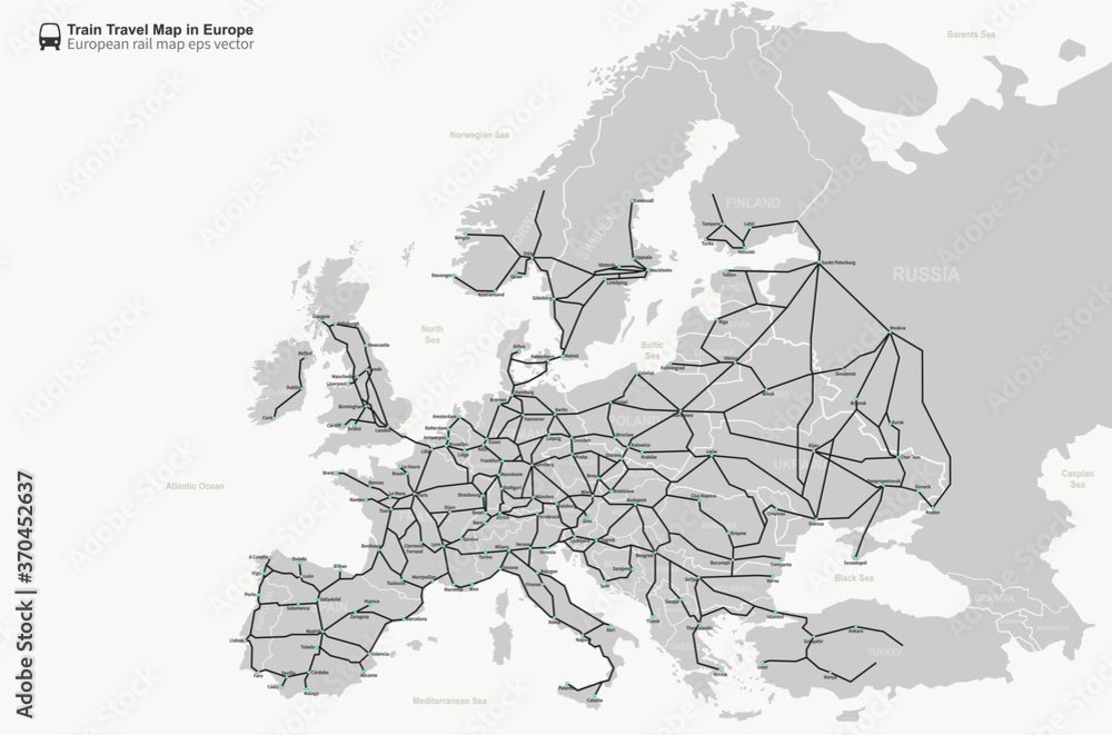 european rail map. travel train map in europe. 