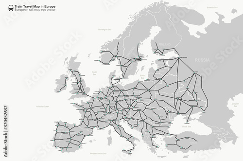 european rail map. travel train map in europe. 