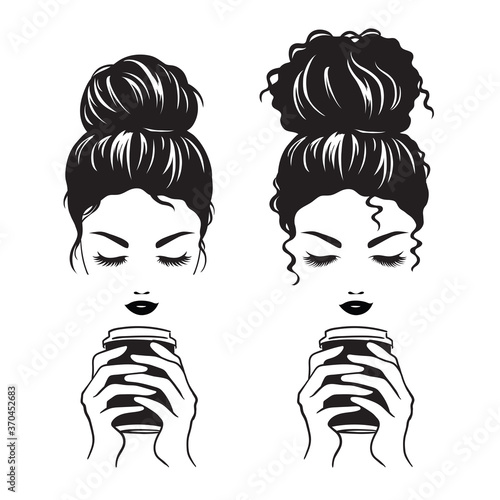 Vector illustration of  women with messy bun hairstyle holding to go coffee cup silhouette.
