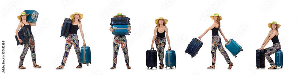 Woman ready for summer travel isolated on white