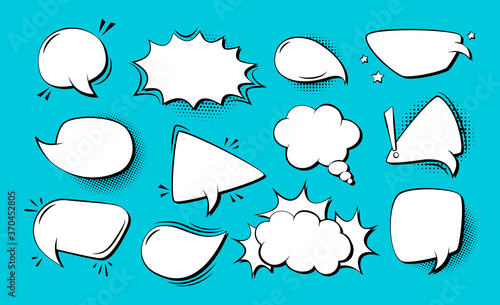 Speech bubble comic pop art cartoon set, explosion dialog cloud. Retro 80s-90s empty design elements, halftone dot background. Speech thought blobs comics vintage banner. Vector illustration Isolated