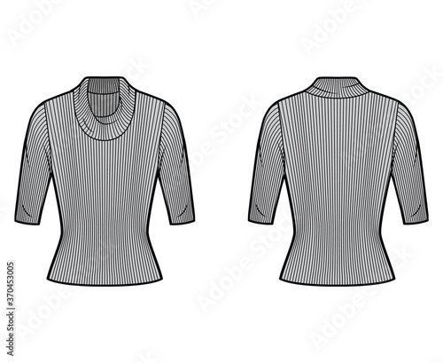 Ribbed cowl turtleneck knit sweater technical fashion illustration with elbow sleeves, close-fitting shape. Flat sweater apparel template front, back grey color. Women, men unisex shirt top CAD mockup