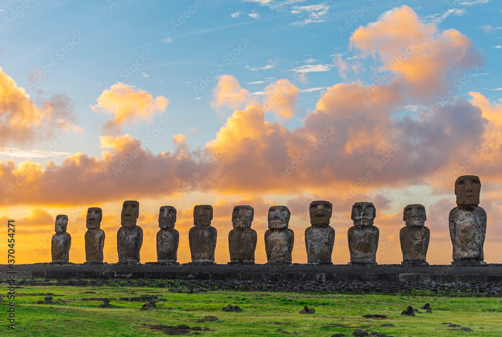 Ahu Tongariki with moai statues at sunrise, Easter Island, Chile.