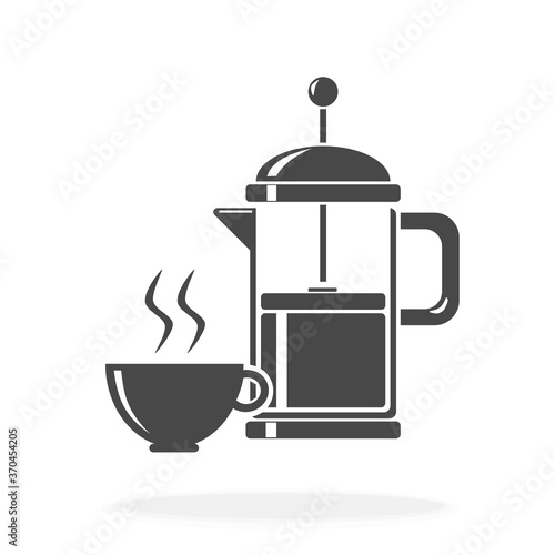 French Press Coffee Maker With Cup Of Hot Coffee - icon vector illustration