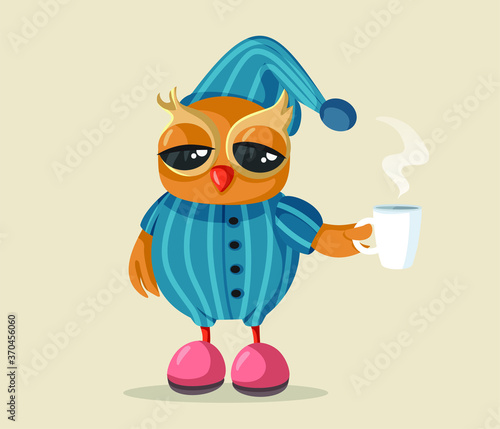 Sleepy Owl Wearing Pajamas Holding Coffee Mug Vector Cartoon