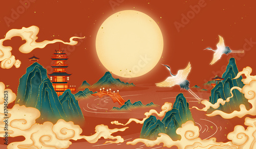 Chinese style landscape painting, Chinese classical style painting.