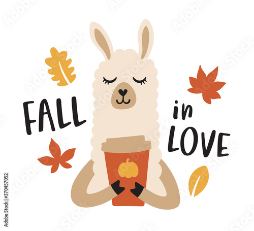 Vector illustration of a llama or alpaca drinking a pumpkin spice latte coffee to go during fall season.