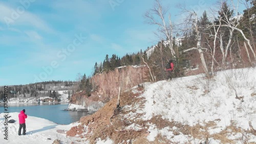 aerial view people travelling on hidden spots around lake superior shore line in minnesota photo