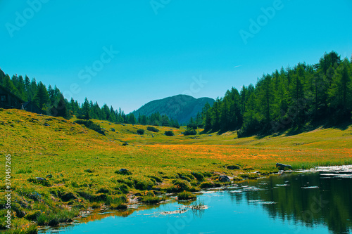 mountain landscape with lake and mountains