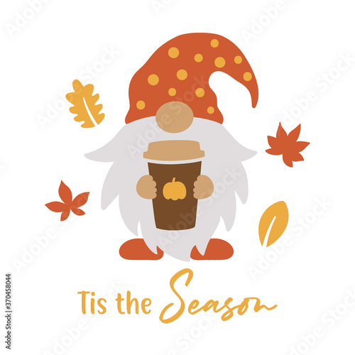 Vector illustration of a cute gnome holding a pumpkin spice latte coffee cup in fall.