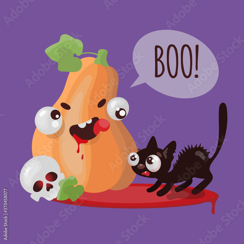 PUMPKIN CAT Halloween Funny Cartoon Vector Illustration Set