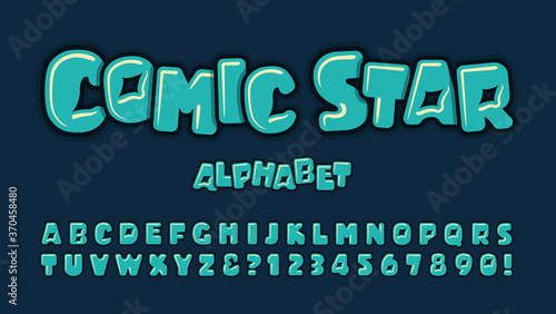 Comic Star is a Cartoon Alphabet with Unusual Cutouts and Line Highlights. Fun Font for Comics & Superhero Graphics. This Lettering Works Best when Each Letter is Rotated Randomly for an Uneven Base.