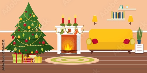 Interior with fireplace, Christmas tree, decorations, presents. Living Room in bright colours stock vector illustration