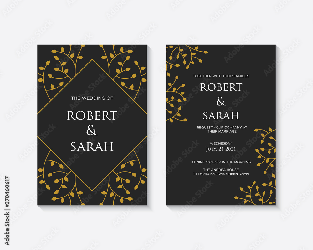 Elegant wedding invitation card template with golden floral decoration vector