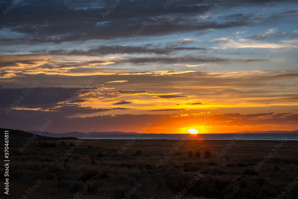 Dramatic vibrant sunset scenery in Antelope Island State Park, Utah
