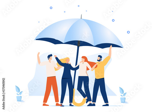 Vector illustration, support each other concept, people stand under umbrella under protection. Joyful people are happy.